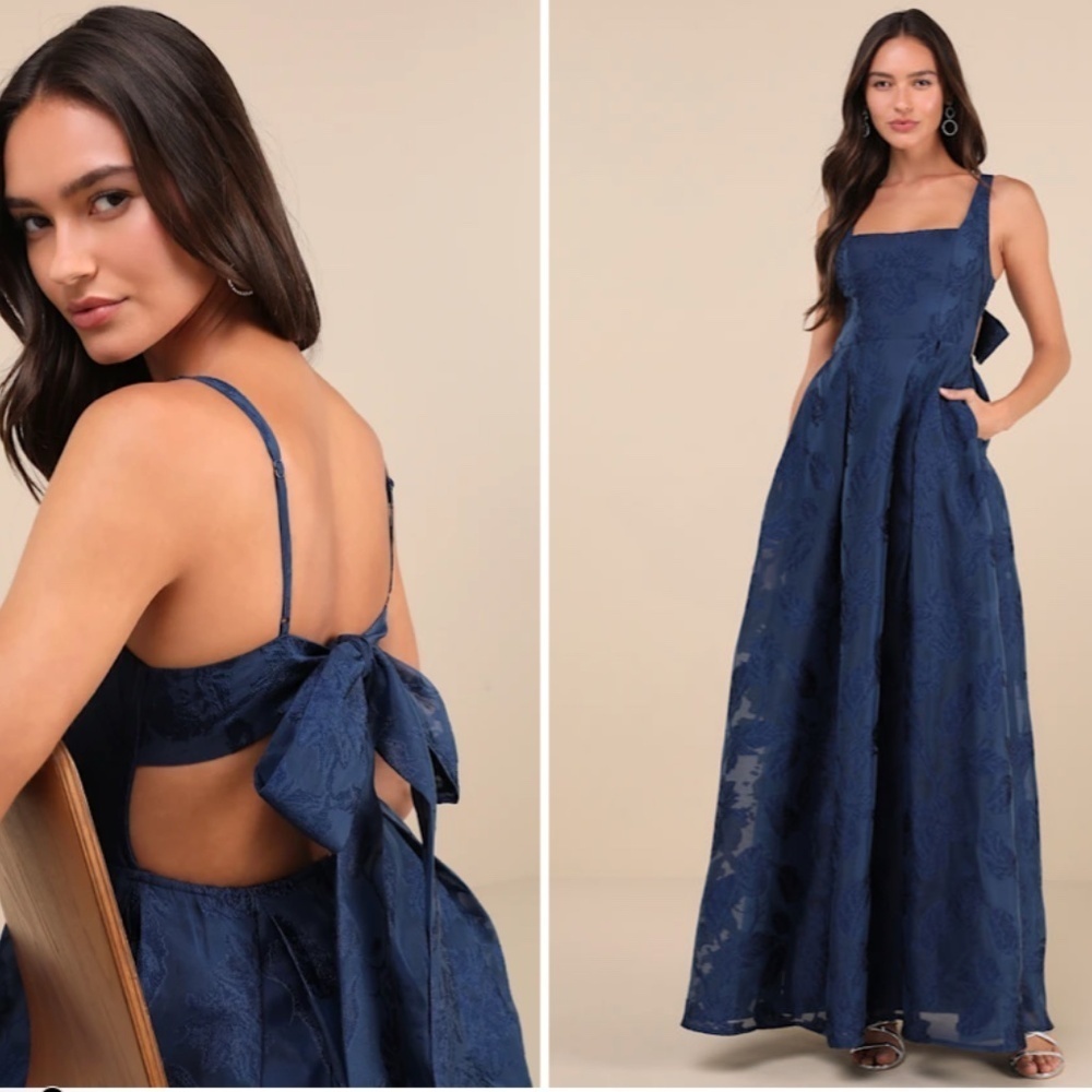 Lulu's Navy Blue Floral Jacquard Square-Neck Maxi Dress